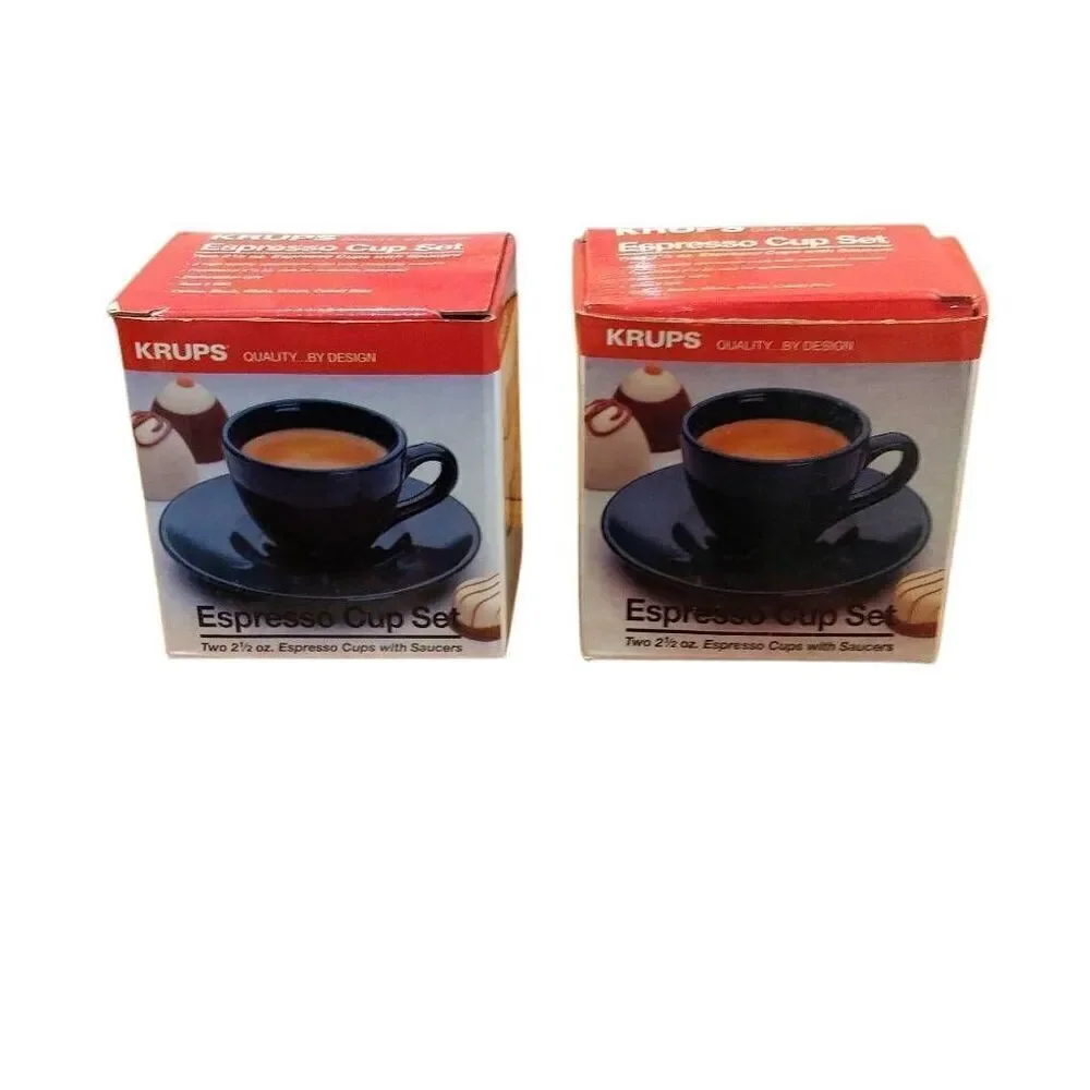 2 Krups Espresso Cup Sets, 4 2 1/2 Espresso Cups with Saucers, White Stoneware.